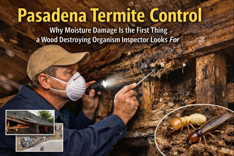 Exterior repairs on fascia and roofline wood where moisture can lead to termite risk in Pasadena homes