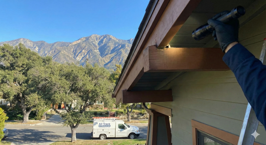 All Track tech POV inspecting roof-line for wood-rat entry in Altadena 91001.