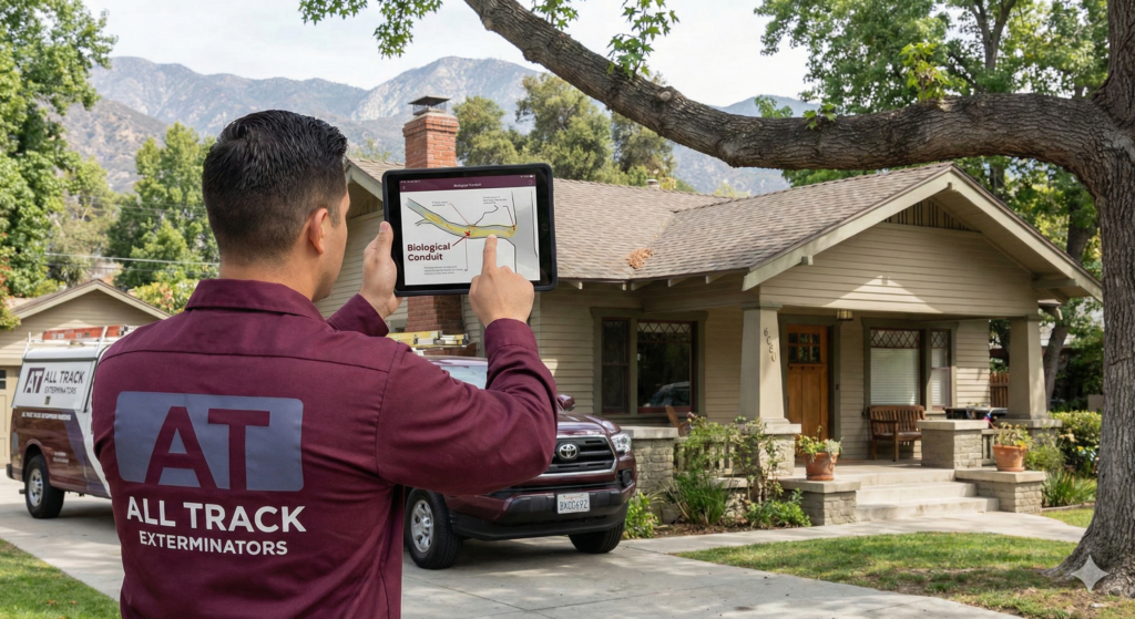 All Track Specialist performing a landscape audit on a Monrovia home, identifying a tree-limb bridge that allows wildlife access to the roofline (91016).