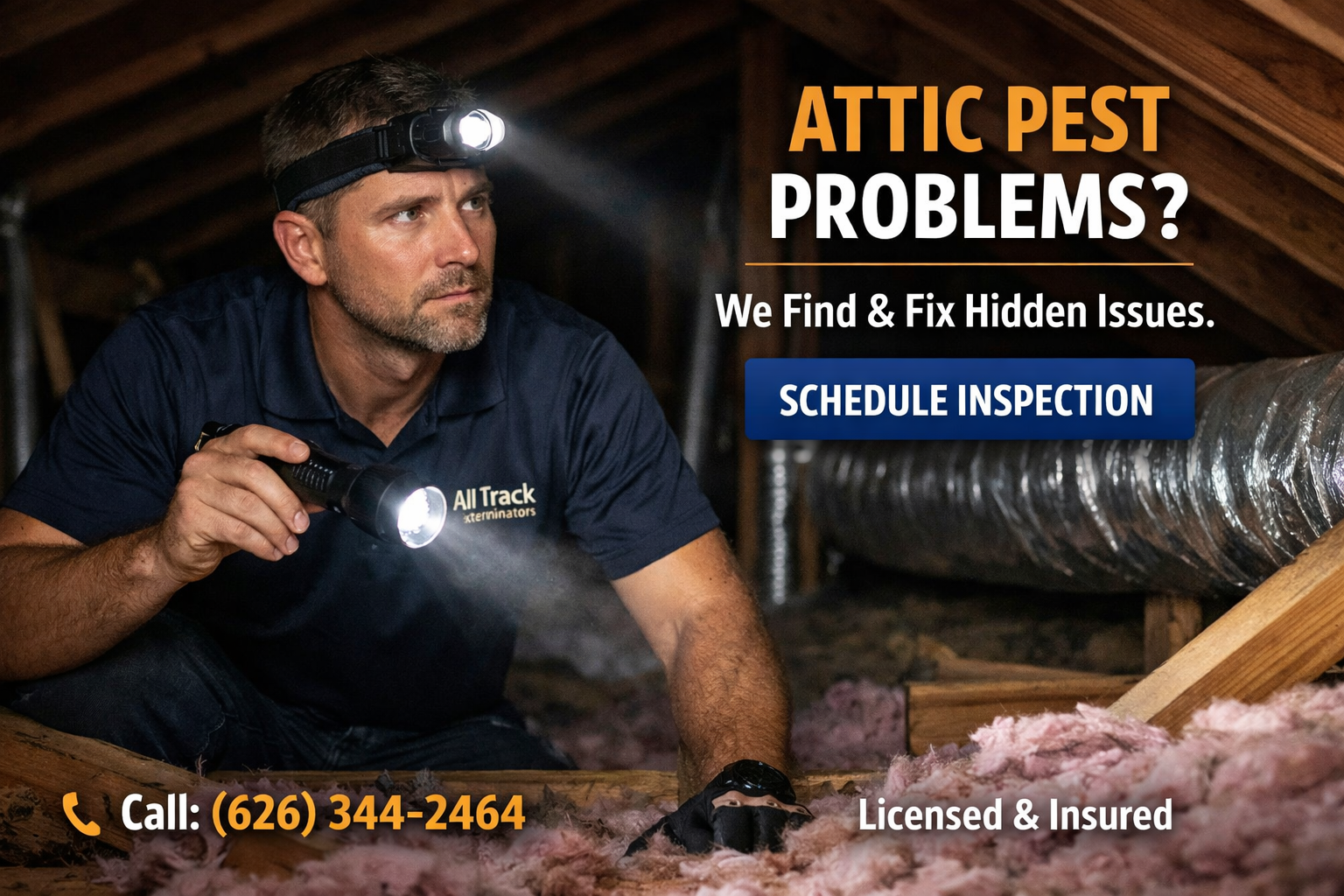 Attic pest inspection in Pasadena with protective gear and headlamp