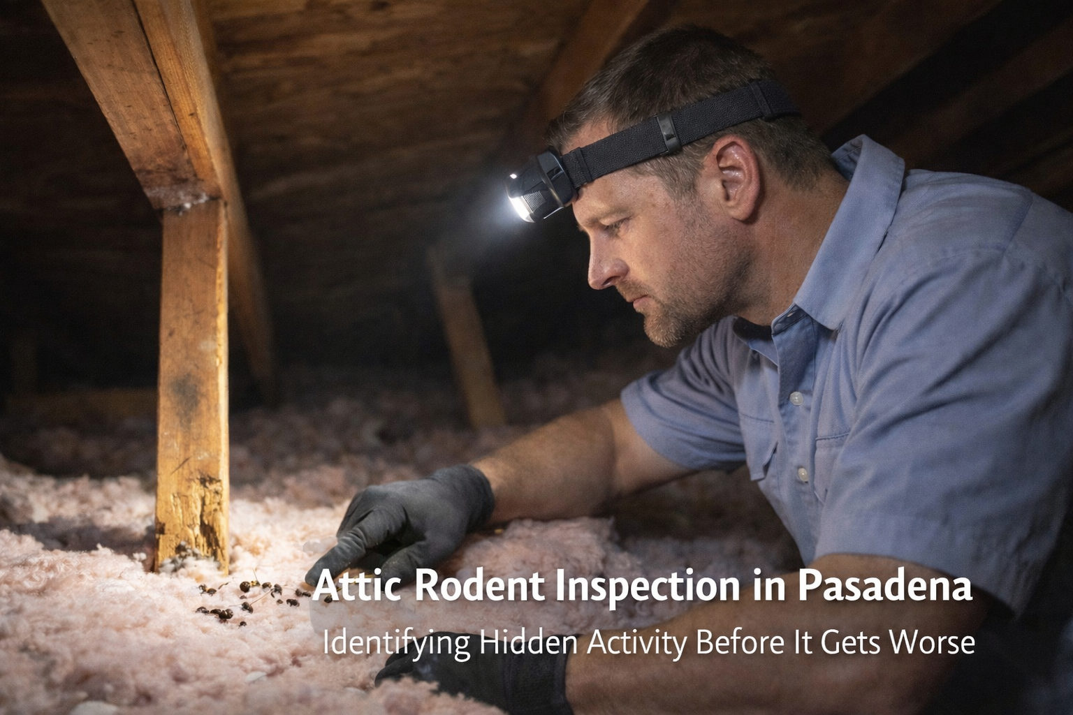 Rodent attic inspection identifying droppings damaged insulation nesting evidence and contamination in Pasadena