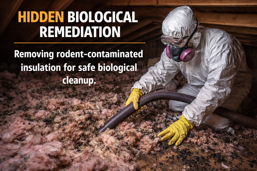 Pest control technician in respirator, gloves, and coveralls performing attic rodent contamination cleanup in Pasadena home