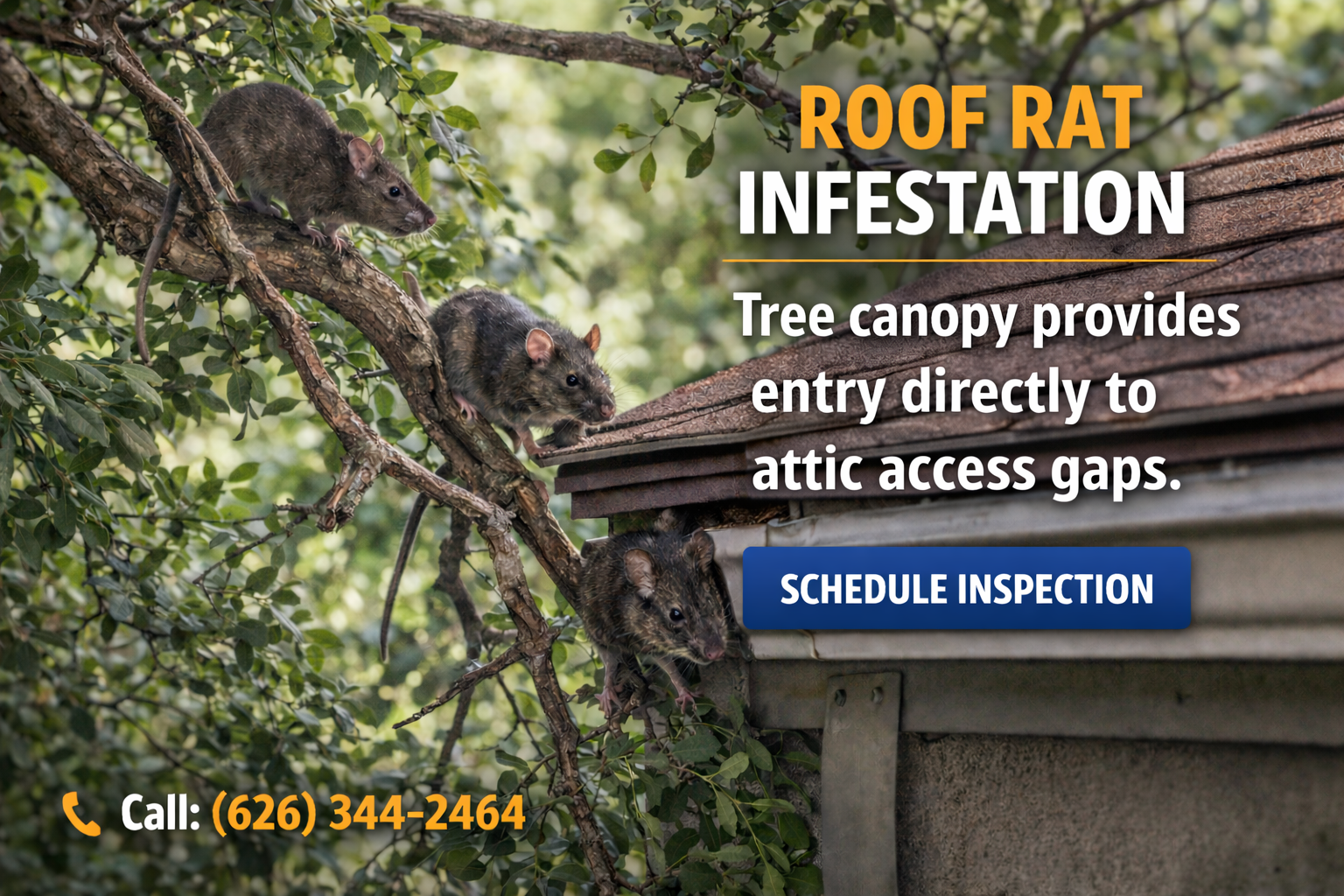 Roof rats climbing tree branch to access roofline in Pasadena foothill home