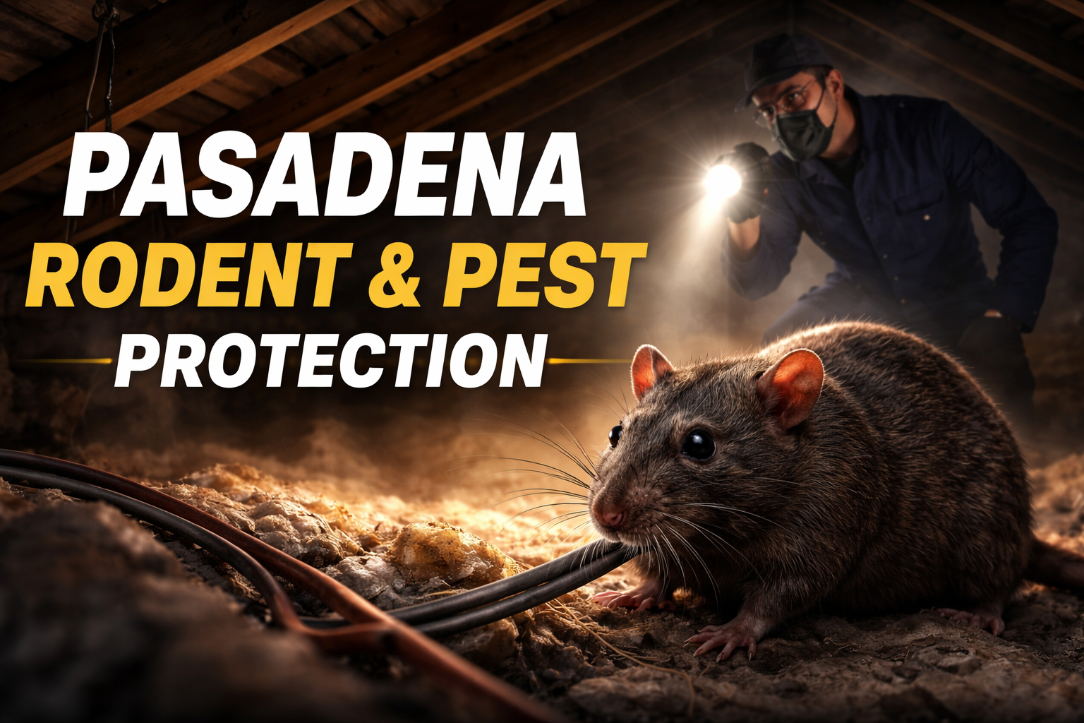 Pasadena rodent control attic inspection with rat damage and exposed wiring