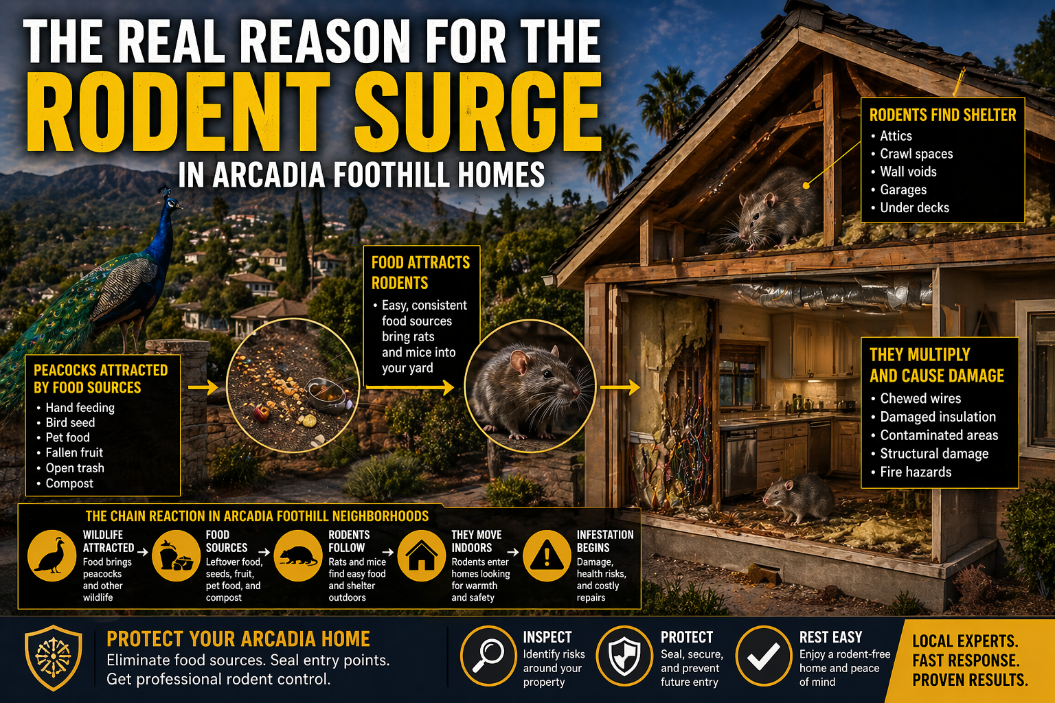 Factors that Bring Rodent Surge in Arcadia foothill homes showing how food sources and wildlife attract rats into residential properties