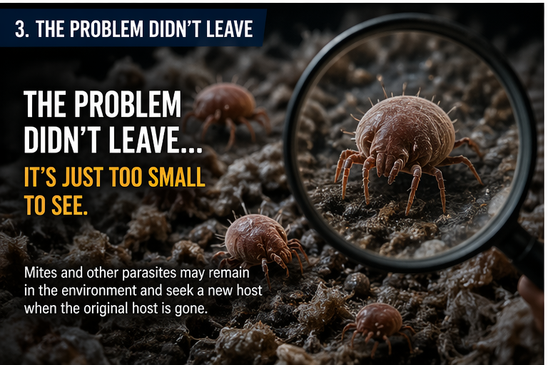 Microscopic mites remaining in attic after rodent removal causing hidden pest symptoms