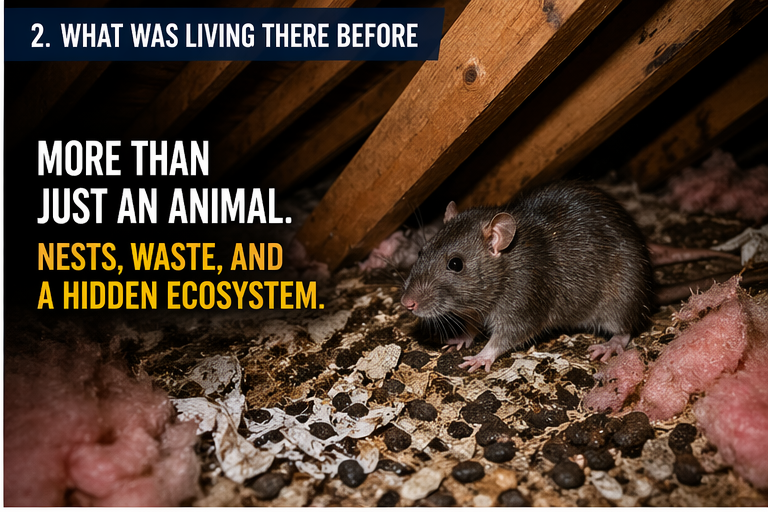 Rodent nesting and contamination inside attic insulation creating hidden biological environment