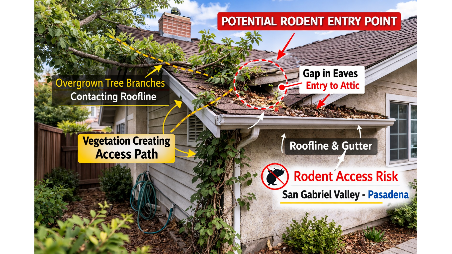 Environmental conditions and hidden property factors that may contribute to rodent activity in Pasadena and the San Gabriel Valley.