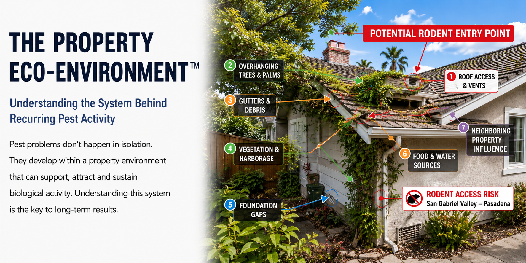 Property Eco-Environment illustrating common rodent entry points and environmental conditions affecting homes in Pasadena and the San Gabriel Valley.