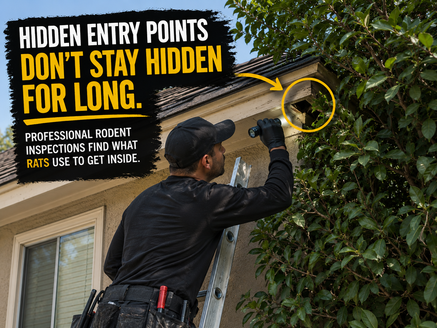 Rodent technician inspecting a possible roofline entry point at a Pasadena home
