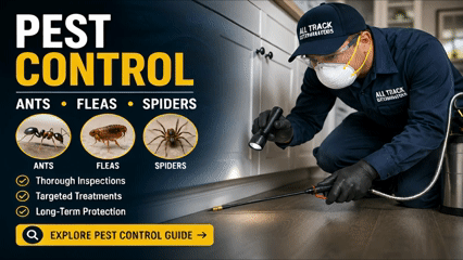 All Track Exterminators treating ant activity along a kitchen baseboard in Pasadena