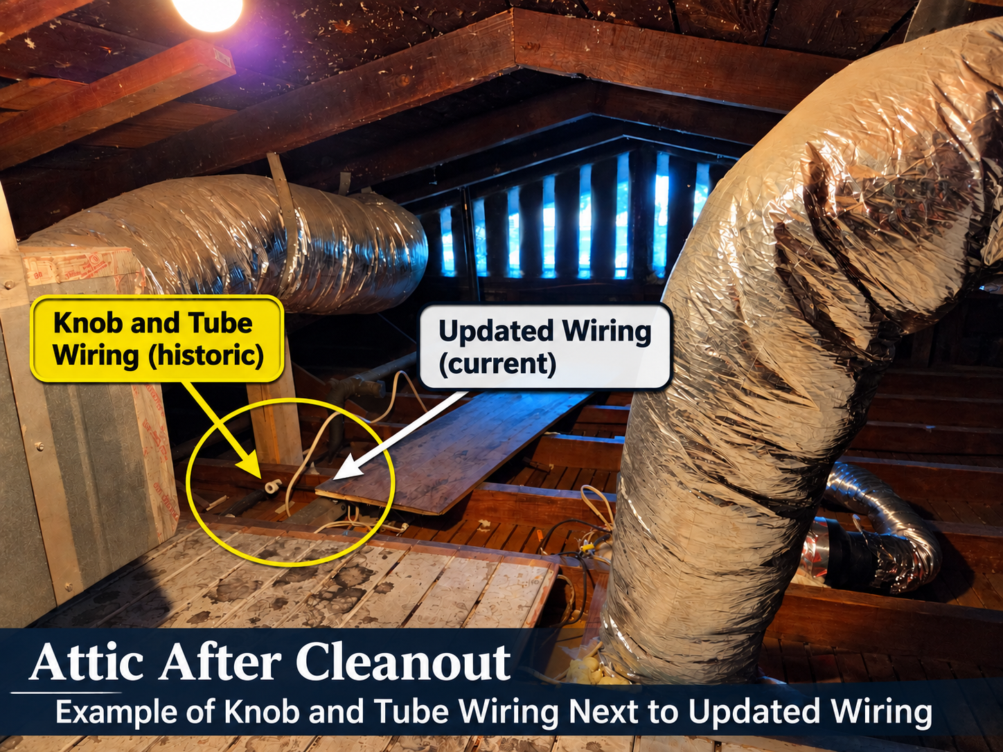 Pasadena attic after cleanout showing historic knob and tube wiring next to updated electrical wiring.