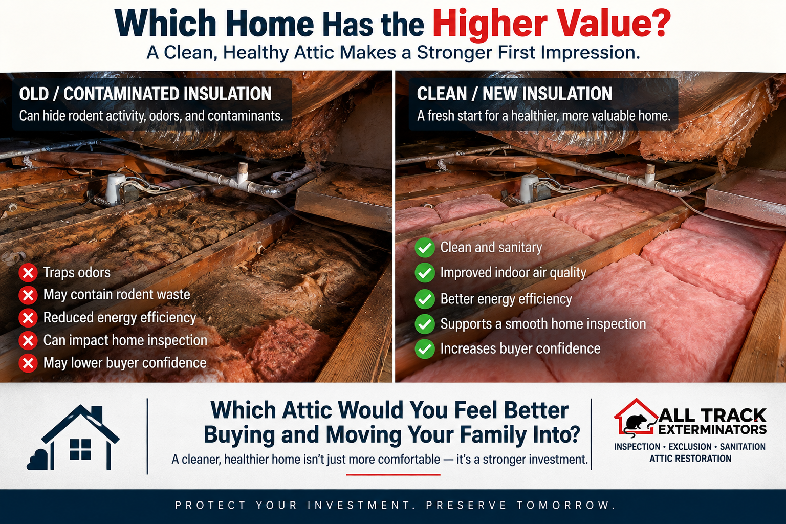 Side-by-side comparison of a cleared attic and an attic with fresh insulation for home sellers considering pre-sale property preparation.